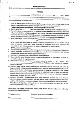 Ujjwala Yojana Declaration Form for New Connection