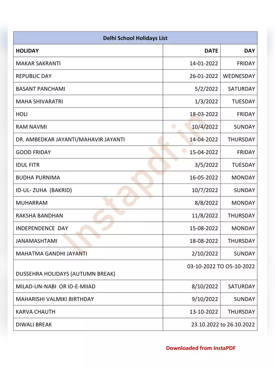 All States School Holidays List PDF - 2nd Page