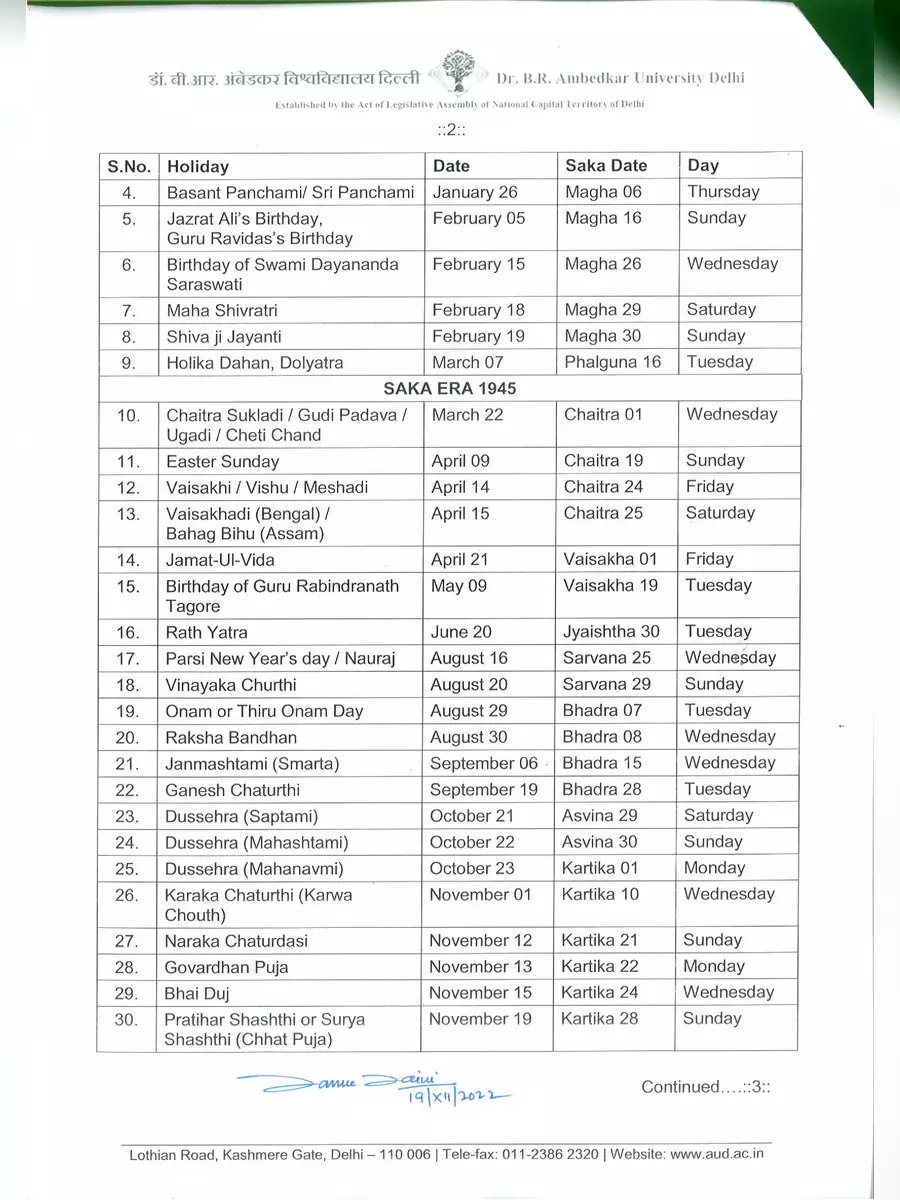 2nd Page of Babasaheb Ambedkar University Holiday List 2023 PDF
