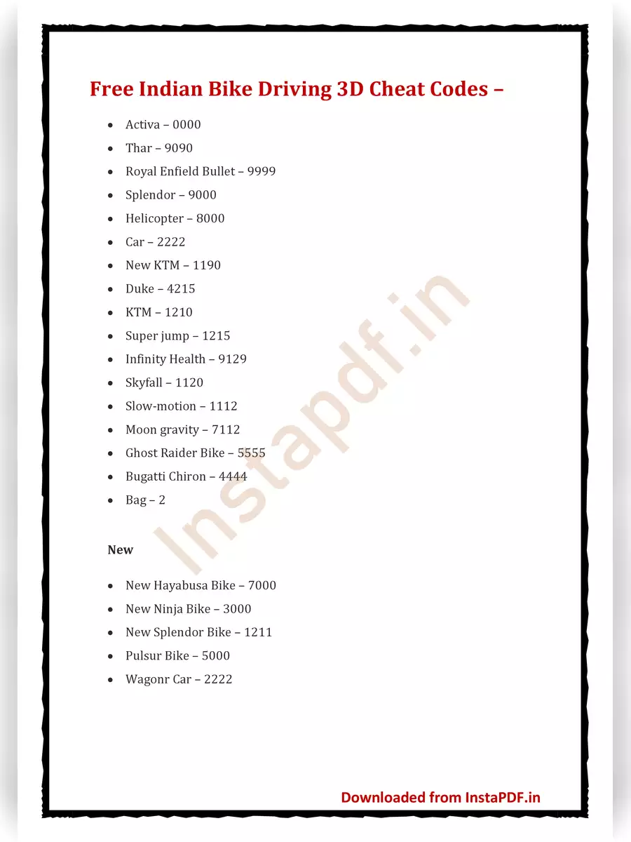 2nd Page of Indian Bike Games Cheat Code List PDF
