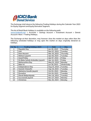 ICICI Bank Holidays Calendar 2023 PDF