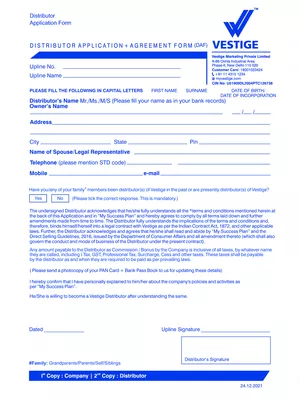 Vestige Distributor Application Form (DAF)