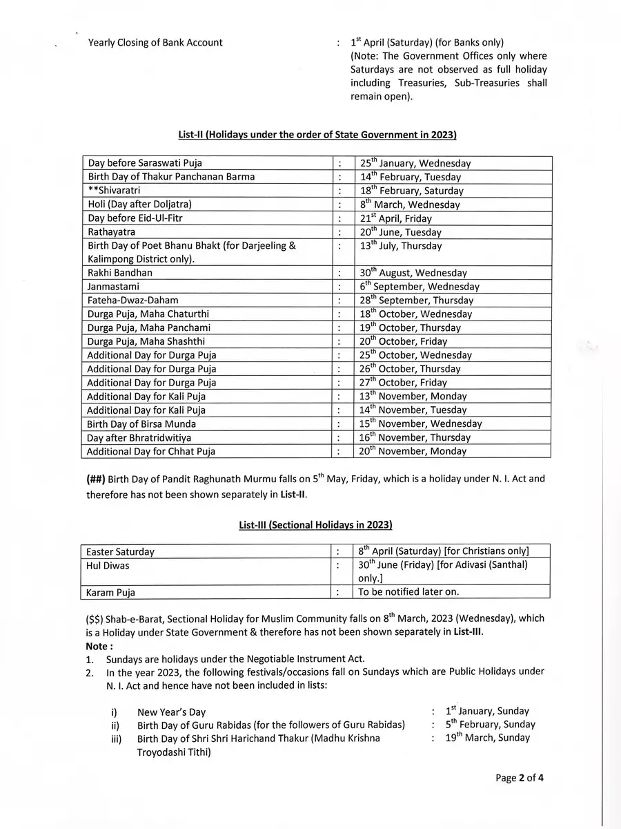 Bank Holiday List 2023 West Bengal PDF - 2nd Page