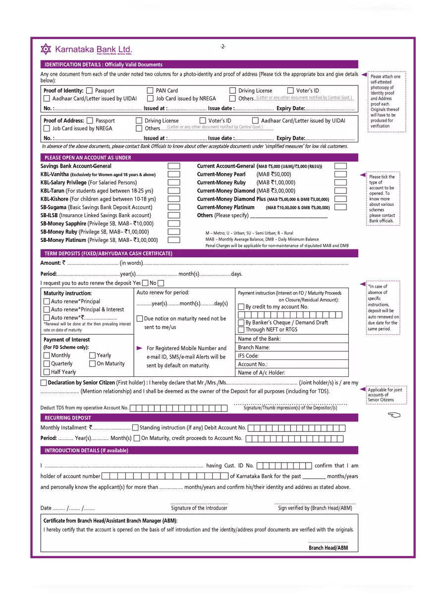 2nd Page of Karnataka Bank Account Opening Form PDF