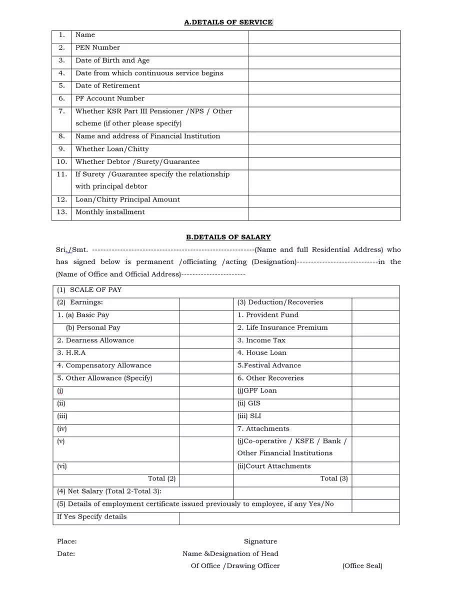 2nd Page of KSFE Salary Certificate Form PDF