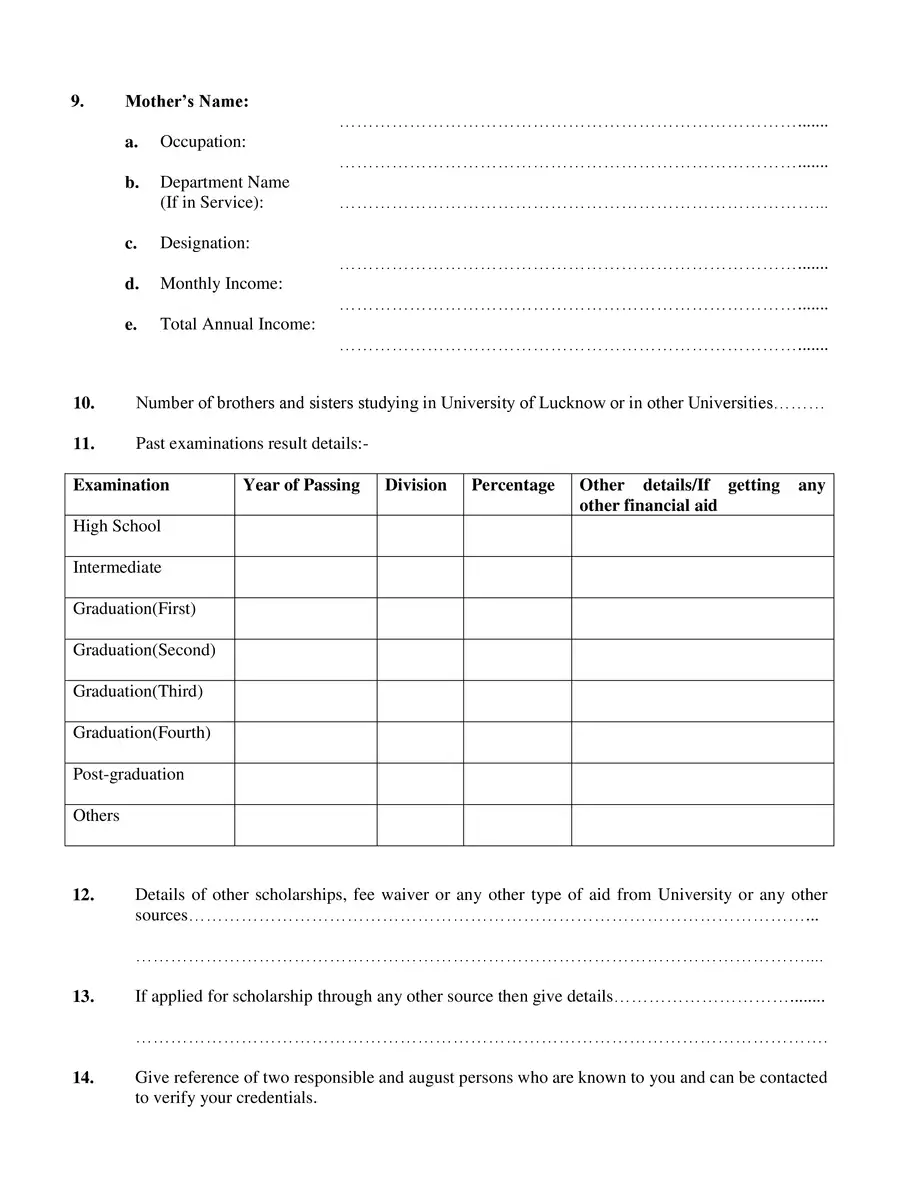 2nd Page of Chhatra Kalyan Scholarship Form Lucknow PDF