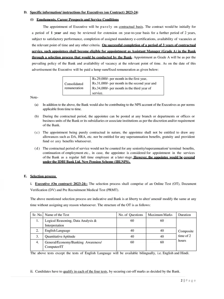 2nd Page of IDBI Executive Notification 2023 PDF