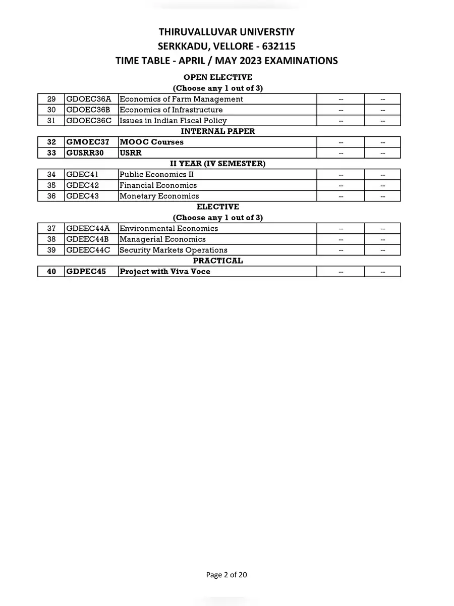 2nd Page of Thiruvalluvar University Exam Time Table 2023 PDF