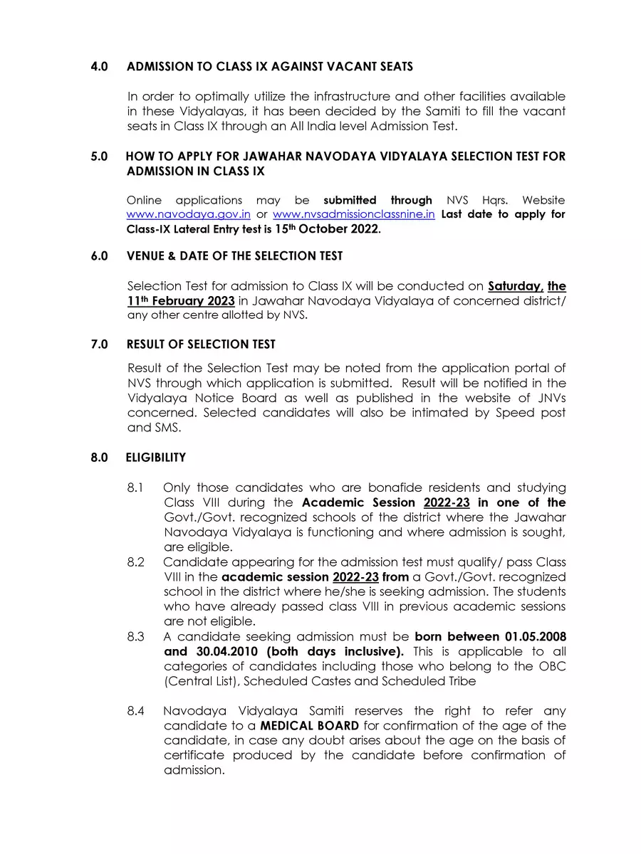 2nd Page of Navodaya Vidyalaya Admission Form for Class IX PDF