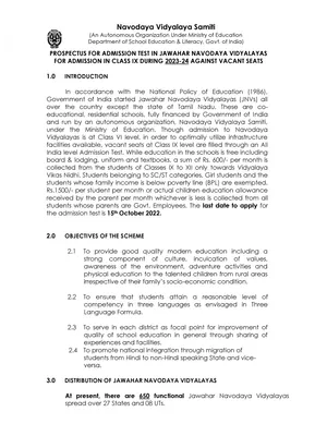 Navodaya Vidyalaya Admission Form for Class IX