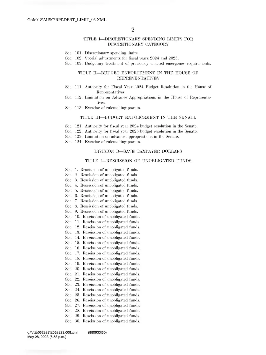 2nd Page of US Debt Ceiling Bill PDF