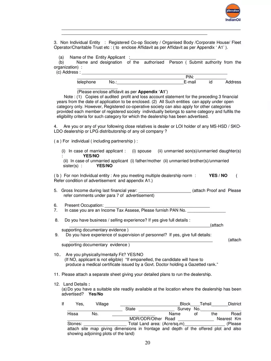 2nd Page of Indian Oil Petrol Pump Dealership Application Form PDF