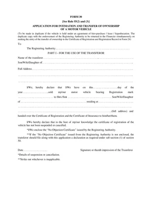 RTO Form 30 – Motor Vehicles Ownership Transfer PDF